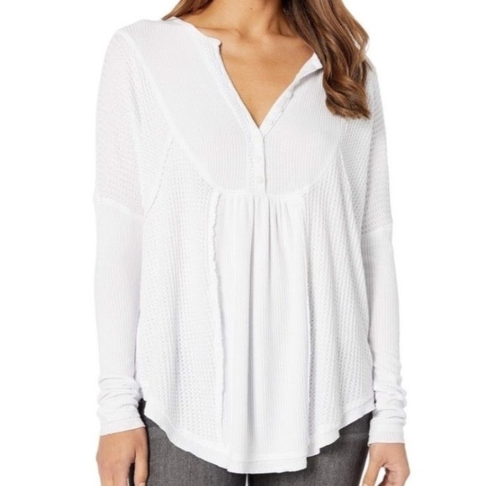 Free people white waffle knit over-sized thermal henley